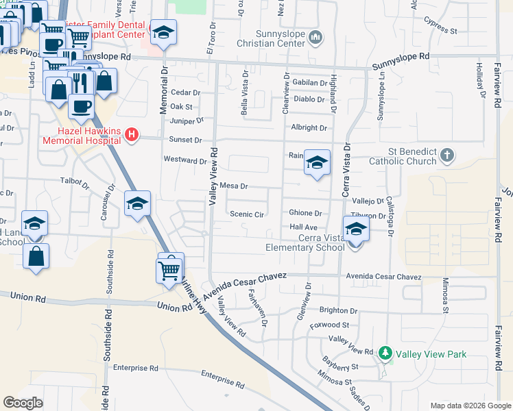 map of restaurants, bars, coffee shops, grocery stores, and more near 1341 Scenic Circle in Hollister
