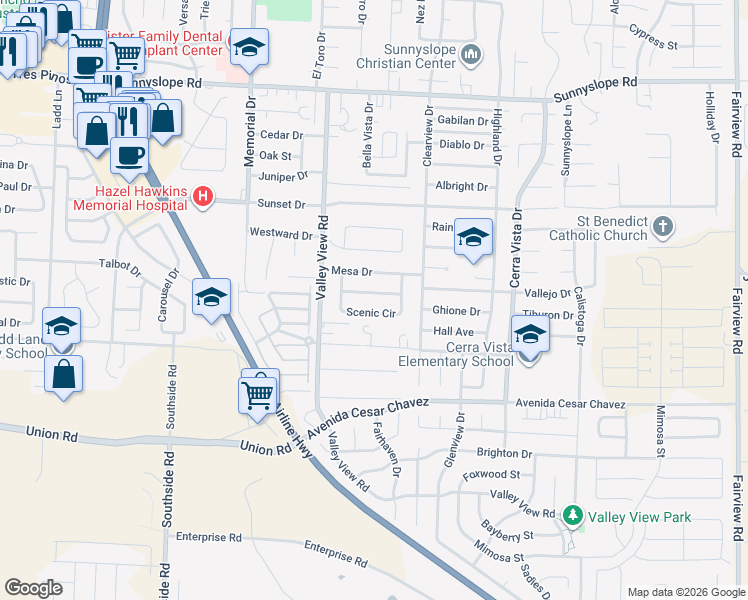 map of restaurants, bars, coffee shops, grocery stores, and more near 1341 Scenic Circle in Hollister