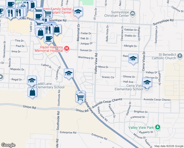 map of restaurants, bars, coffee shops, grocery stores, and more near 2061 Santoro Lane in Hollister