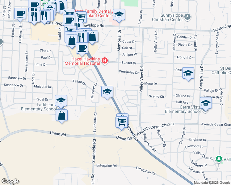 map of restaurants, bars, coffee shops, grocery stores, and more near 2061 White Oak Drive in Hollister