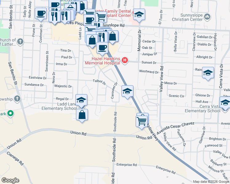 map of restaurants, bars, coffee shops, grocery stores, and more near 931 Talbot Drive in Hollister