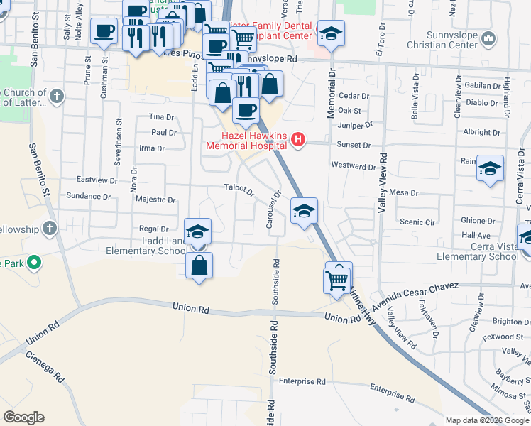 map of restaurants, bars, coffee shops, grocery stores, and more near 2011 Alissa Drive in Hollister