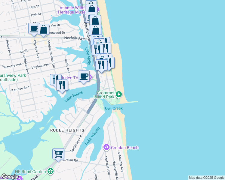 map of restaurants, bars, coffee shops, grocery stores, and more near 205 Atlantic Avenue in Virginia Beach