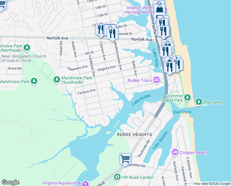 map of restaurants, bars, coffee shops, grocery stores, and more near 700 Greensboro Avenue in Virginia Beach
