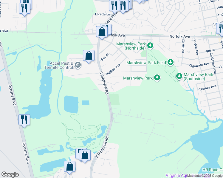 map of restaurants, bars, coffee shops, grocery stores, and more near 141 South Birdneck Road in Virginia Beach