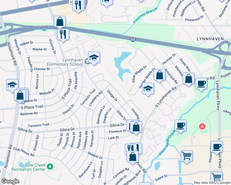 map of restaurants, bars, coffee shops, grocery stores, and more near 328 Dodge Drive in Virginia Beach