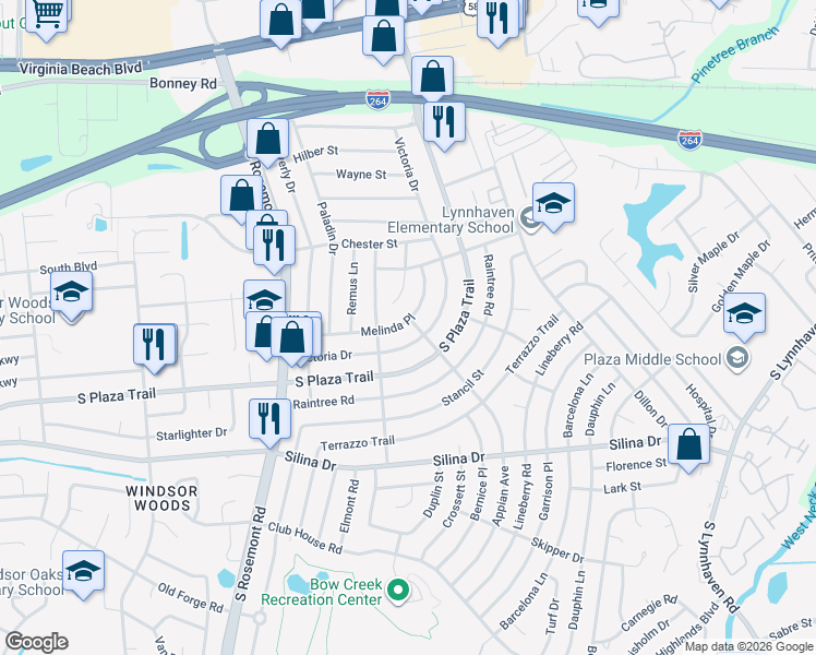 map of restaurants, bars, coffee shops, grocery stores, and more near 3413 Victoria Drive in Virginia Beach