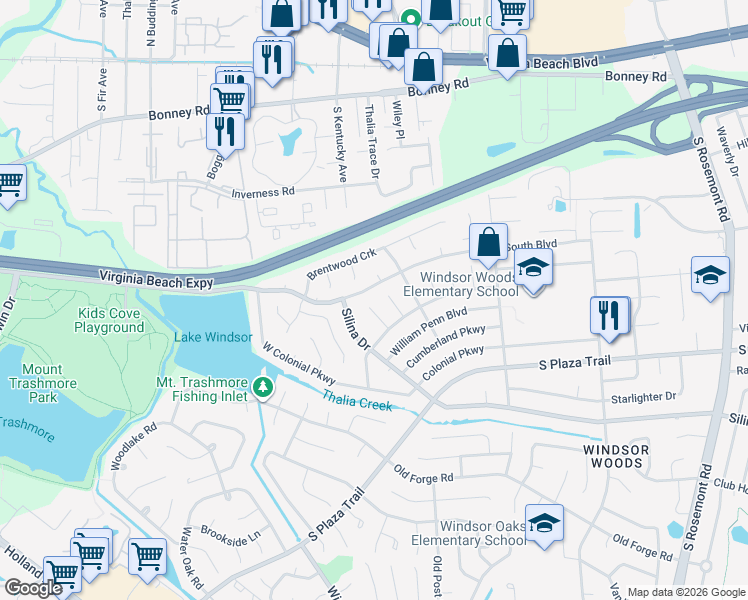 map of restaurants, bars, coffee shops, grocery stores, and more near 216 Green Springs Court in Virginia Beach