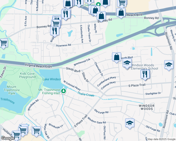 map of restaurants, bars, coffee shops, grocery stores, and more near 3944 Silina Drive in Virginia Beach