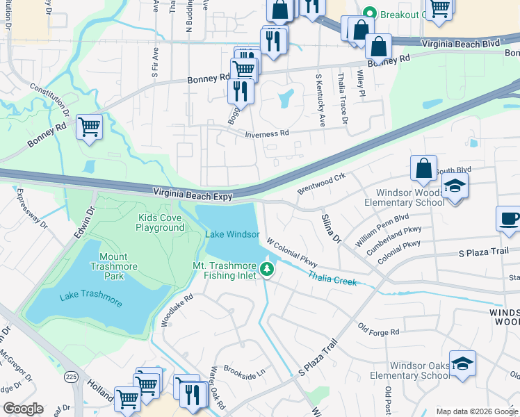 map of restaurants, bars, coffee shops, grocery stores, and more near 4057 Colonial West in Virginia Beach
