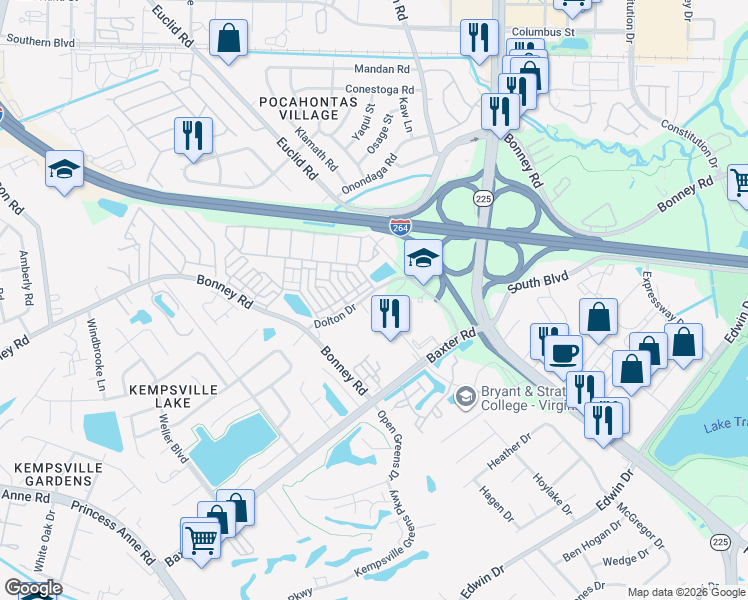 map of restaurants, bars, coffee shops, grocery stores, and more near 312 General Clark Court in Virginia Beach
