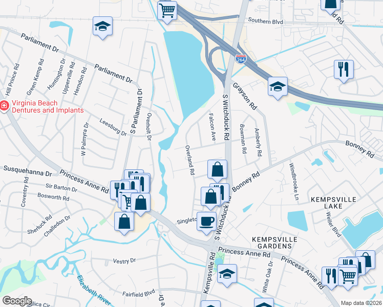 map of restaurants, bars, coffee shops, grocery stores, and more near 5173 Allyne Road in Virginia Beach