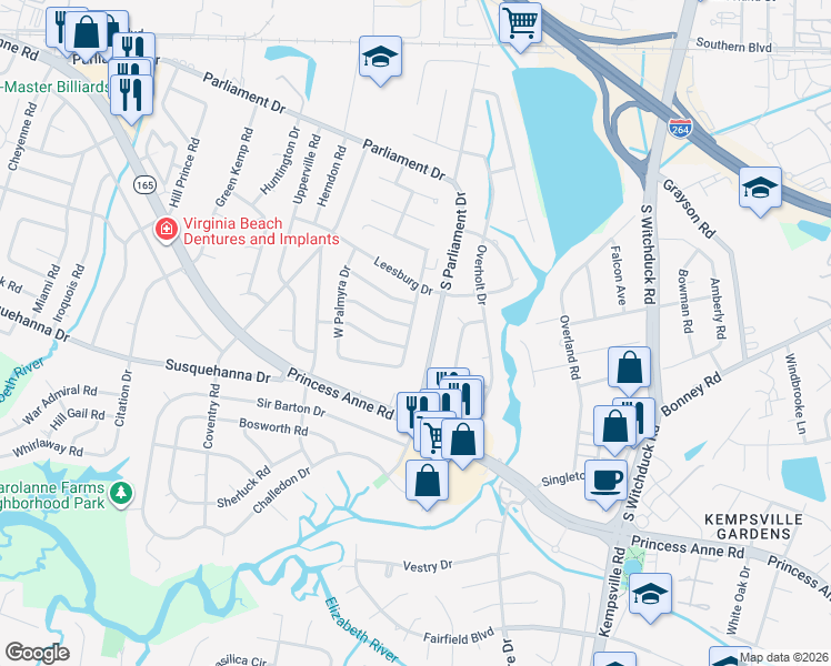 map of restaurants, bars, coffee shops, grocery stores, and more near 301 South Parliament Drive in Virginia Beach