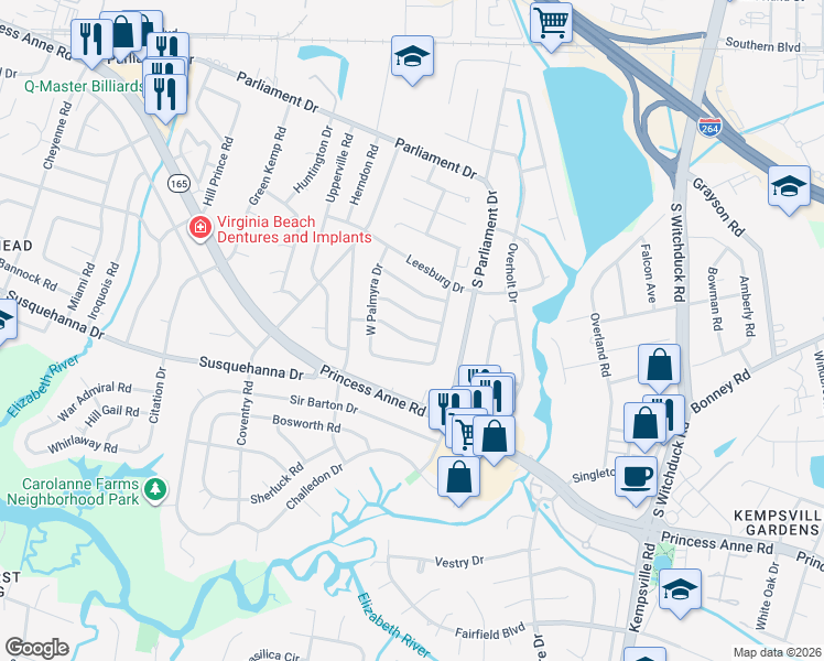 map of restaurants, bars, coffee shops, grocery stores, and more near 5304 South Palmyra Drive in Virginia Beach