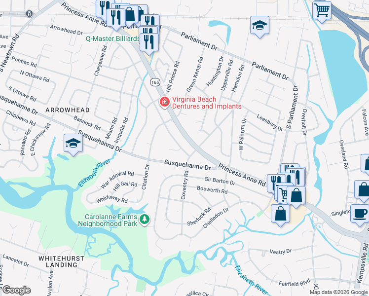 map of restaurants, bars, coffee shops, grocery stores, and more near 264 Coventry Road in Virginia Beach