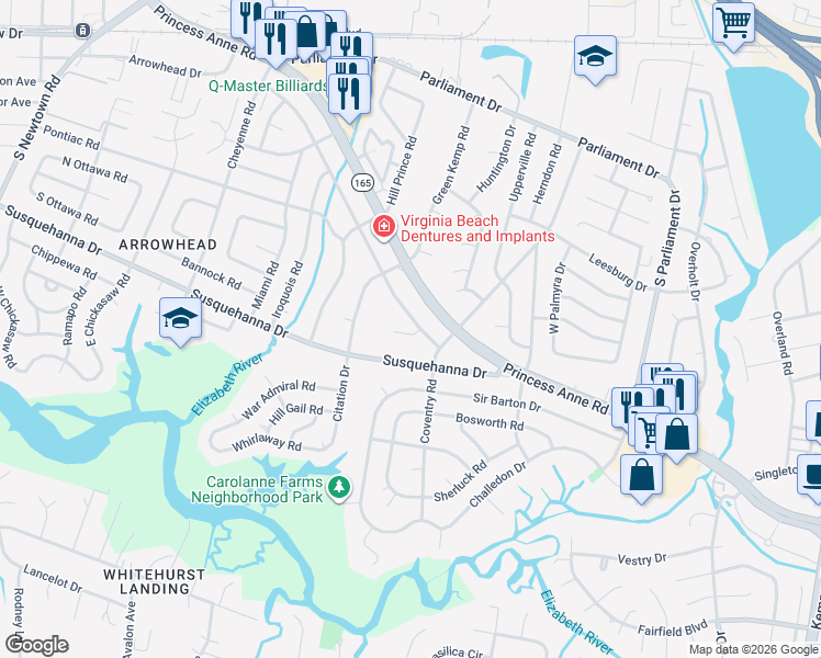 map of restaurants, bars, coffee shops, grocery stores, and more near 5412 Susquehanna Drive in Virginia Beach