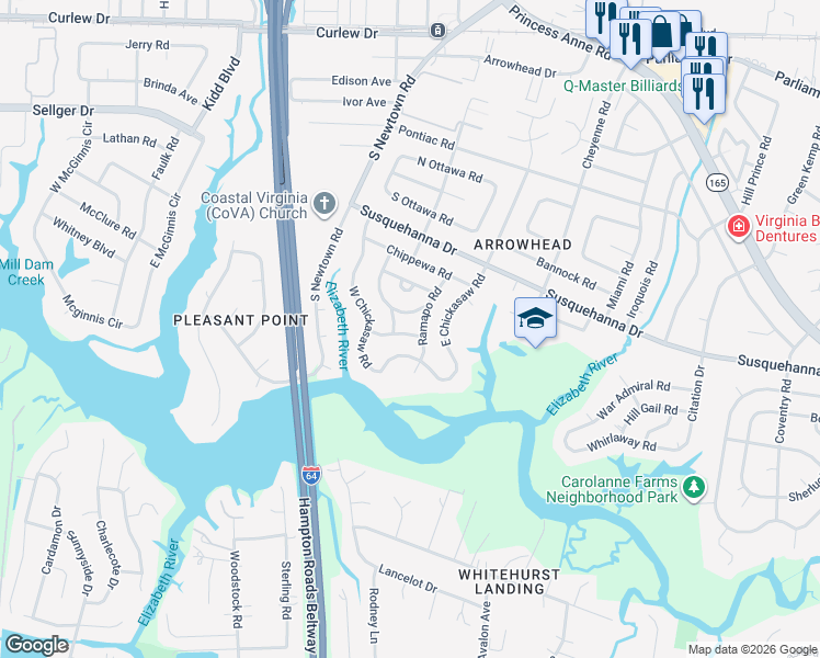 map of restaurants, bars, coffee shops, grocery stores, and more near 452 West Chickasaw Road in Virginia Beach