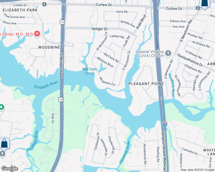 map of restaurants, bars, coffee shops, grocery stores, and more near 5959 Mcginnis Circle in Norfolk