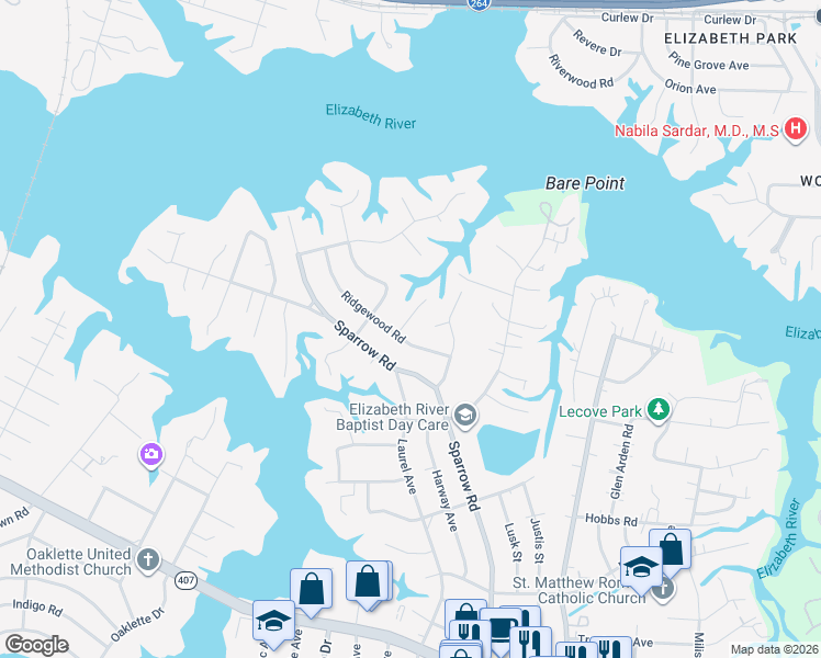 map of restaurants, bars, coffee shops, grocery stores, and more near 311 Sparrow Road in Chesapeake