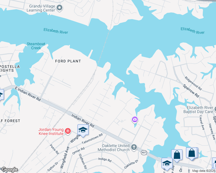 map of restaurants, bars, coffee shops, grocery stores, and more near 500 Wingfield Avenue in Chesapeake