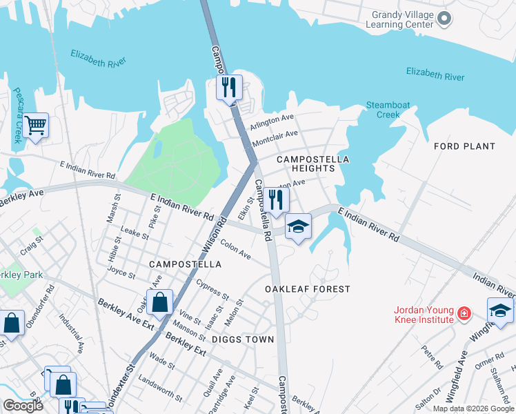 map of restaurants, bars, coffee shops, grocery stores, and more near 1616 East Indian River Road in Norfolk