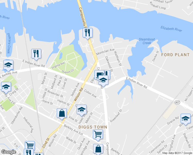 map of restaurants, bars, coffee shops, grocery stores, and more near 1011 Watson Street in Norfolk