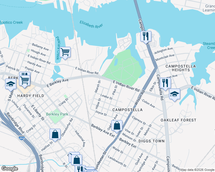 map of restaurants, bars, coffee shops, grocery stores, and more near 1201 Pike Street in Norfolk
