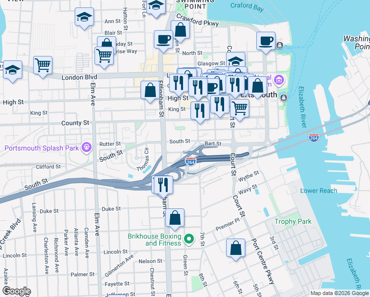 map of restaurants, bars, coffee shops, grocery stores, and more near 951 Green Street in Portsmouth