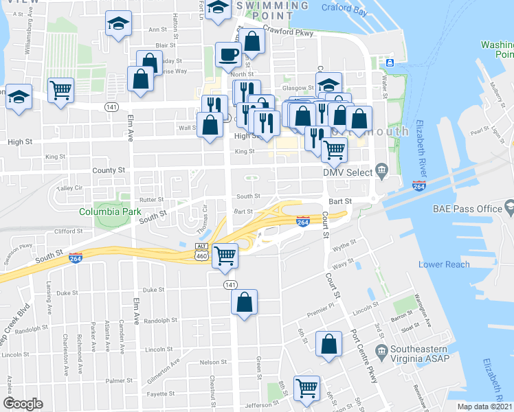 map of restaurants, bars, coffee shops, grocery stores, and more near 951 Green Street in Portsmouth