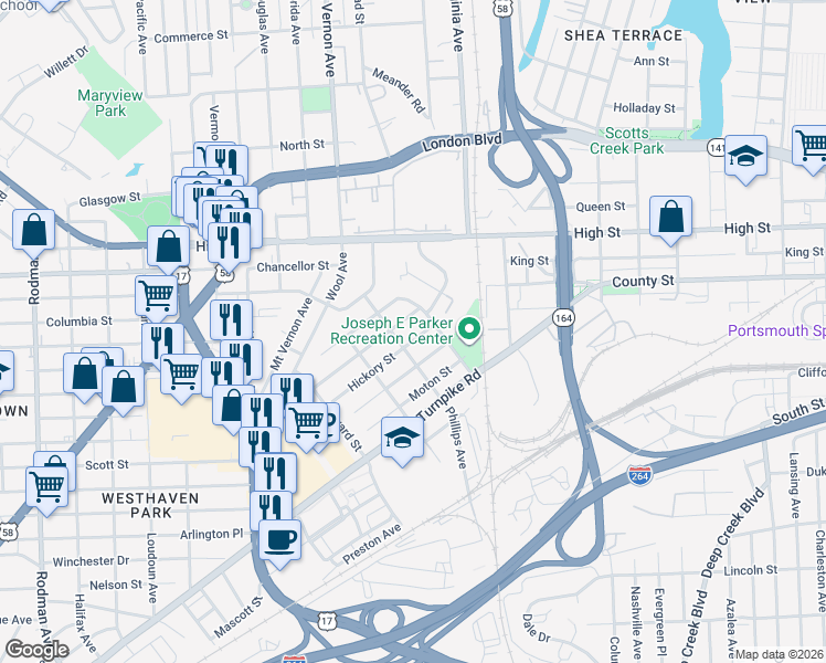 map of restaurants, bars, coffee shops, grocery stores, and more near 2607 Hickory Street in Portsmouth