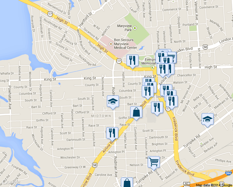map of restaurants, bars, coffee shops, grocery stores, and more near 3617 South Street in Portsmouth