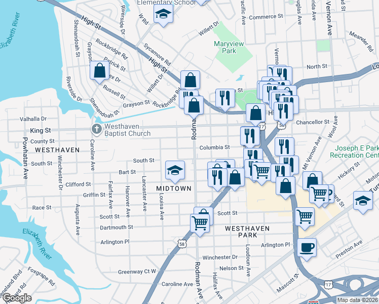 map of restaurants, bars, coffee shops, grocery stores, and more near 3715 South Street in Portsmouth