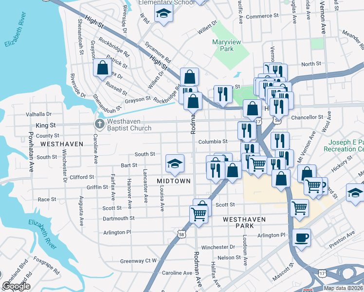 map of restaurants, bars, coffee shops, grocery stores, and more near 3715 South Street in Portsmouth