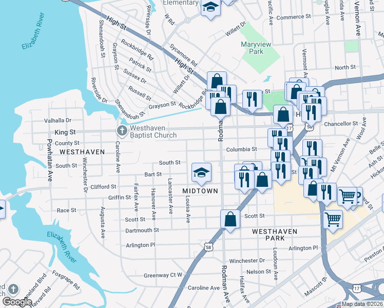 map of restaurants, bars, coffee shops, grocery stores, and more near 901 Louisa Avenue in Portsmouth