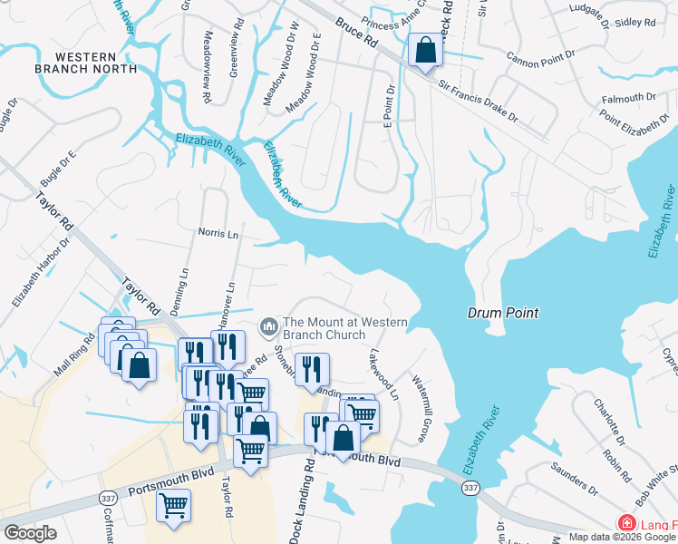 map of restaurants, bars, coffee shops, grocery stores, and more near 2512 Bellechase Court in Chesapeake