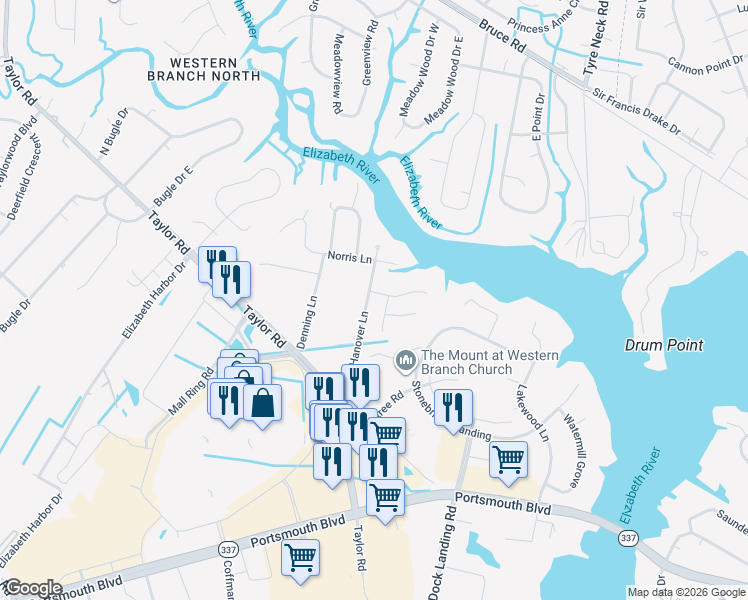 map of restaurants, bars, coffee shops, grocery stores, and more near 2508 Knox Court in Chesapeake