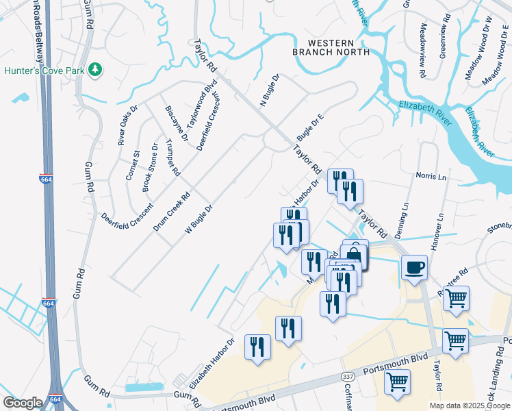 map of restaurants, bars, coffee shops, grocery stores, and more near 2411 West Bugle Drive in Chesapeake