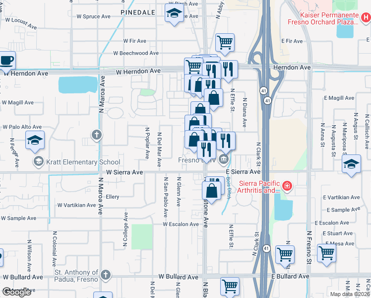 map of restaurants, bars, coffee shops, grocery stores, and more near 58 West Sierra Avenue in Fresno