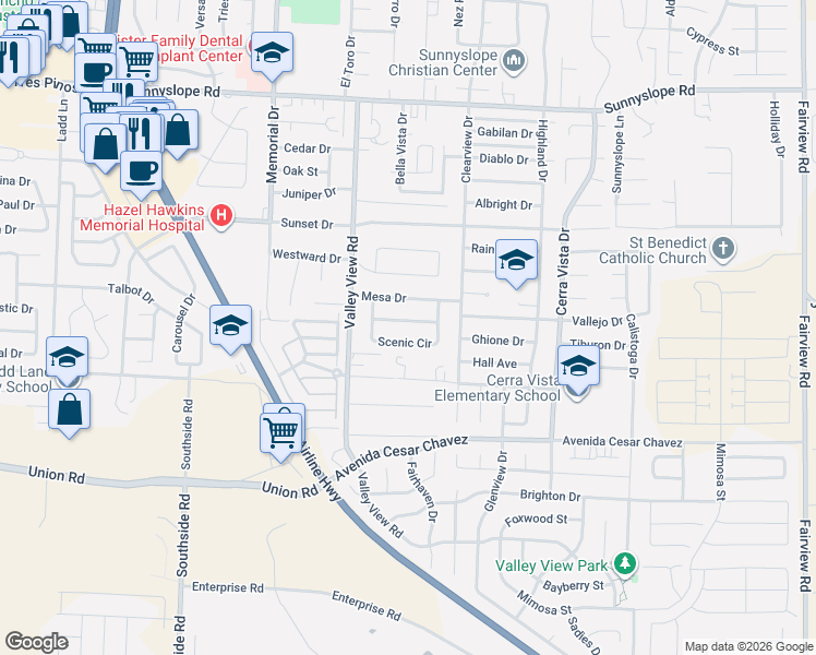 map of restaurants, bars, coffee shops, grocery stores, and more near 1341 Scenic Circle in Hollister