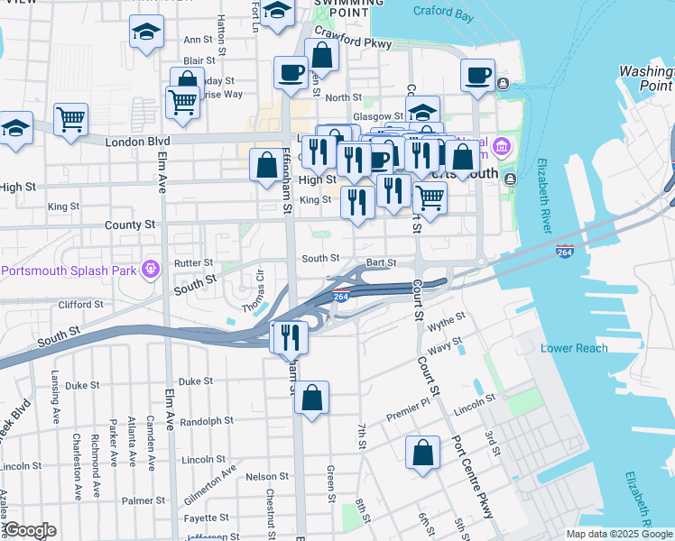 map of restaurants, bars, coffee shops, grocery stores, and more near 951 Green Street in Portsmouth