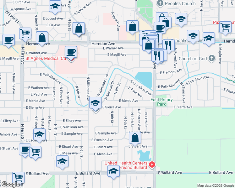 map of restaurants, bars, coffee shops, grocery stores, and more near 1600 East Menlo Avenue in Fresno