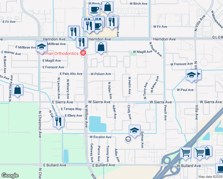 map of restaurants, bars, coffee shops, grocery stores, and more near 636 West Menlo Avenue in Clovis