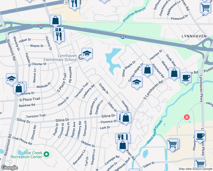 map of restaurants, bars, coffee shops, grocery stores, and more near 328 Dodge Drive in Virginia Beach