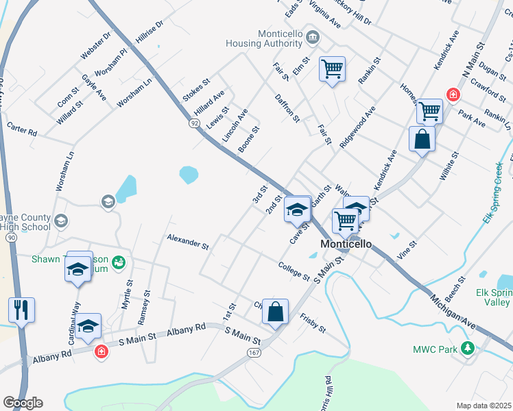 map of restaurants, bars, coffee shops, grocery stores, and more near 144 2nd Street in Monticello