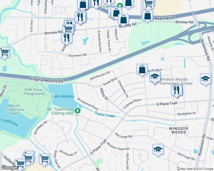 map of restaurants, bars, coffee shops, grocery stores, and more near 3944 Silina Drive in Virginia Beach