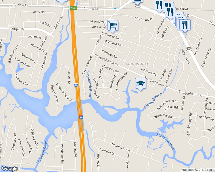 map of restaurants, bars, coffee shops, grocery stores, and more near 452 West Chickasaw Road in Virginia Beach