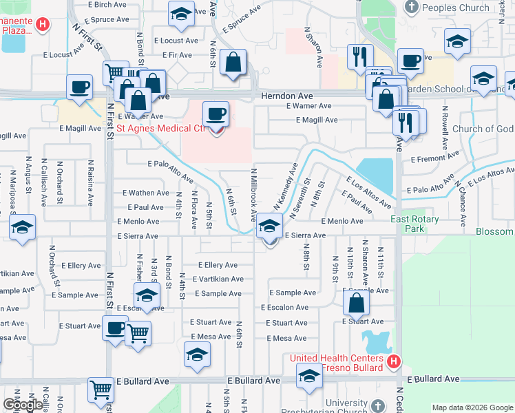 map of restaurants, bars, coffee shops, grocery stores, and more near 6442 North Kennedy Avenue in Fresno