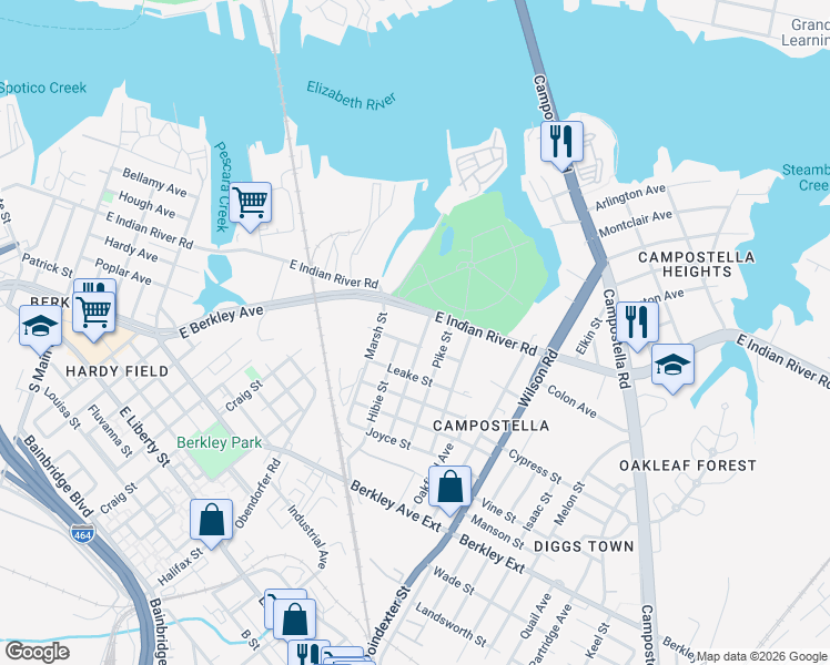 map of restaurants, bars, coffee shops, grocery stores, and more near 1201 Pike Street in Norfolk
