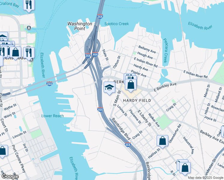 map of restaurants, bars, coffee shops, grocery stores, and more near 121 West Liberty Street in Norfolk