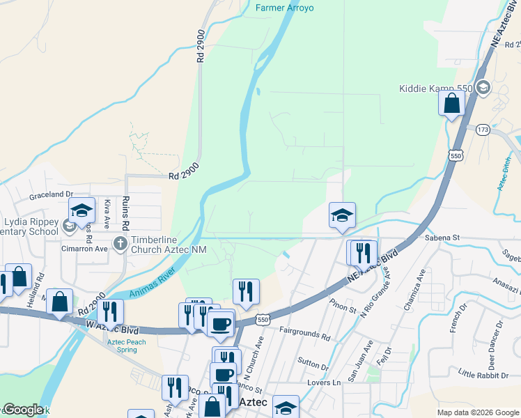 map of restaurants, bars, coffee shops, grocery stores, and more near 103 West Martinez Lane in Aztec